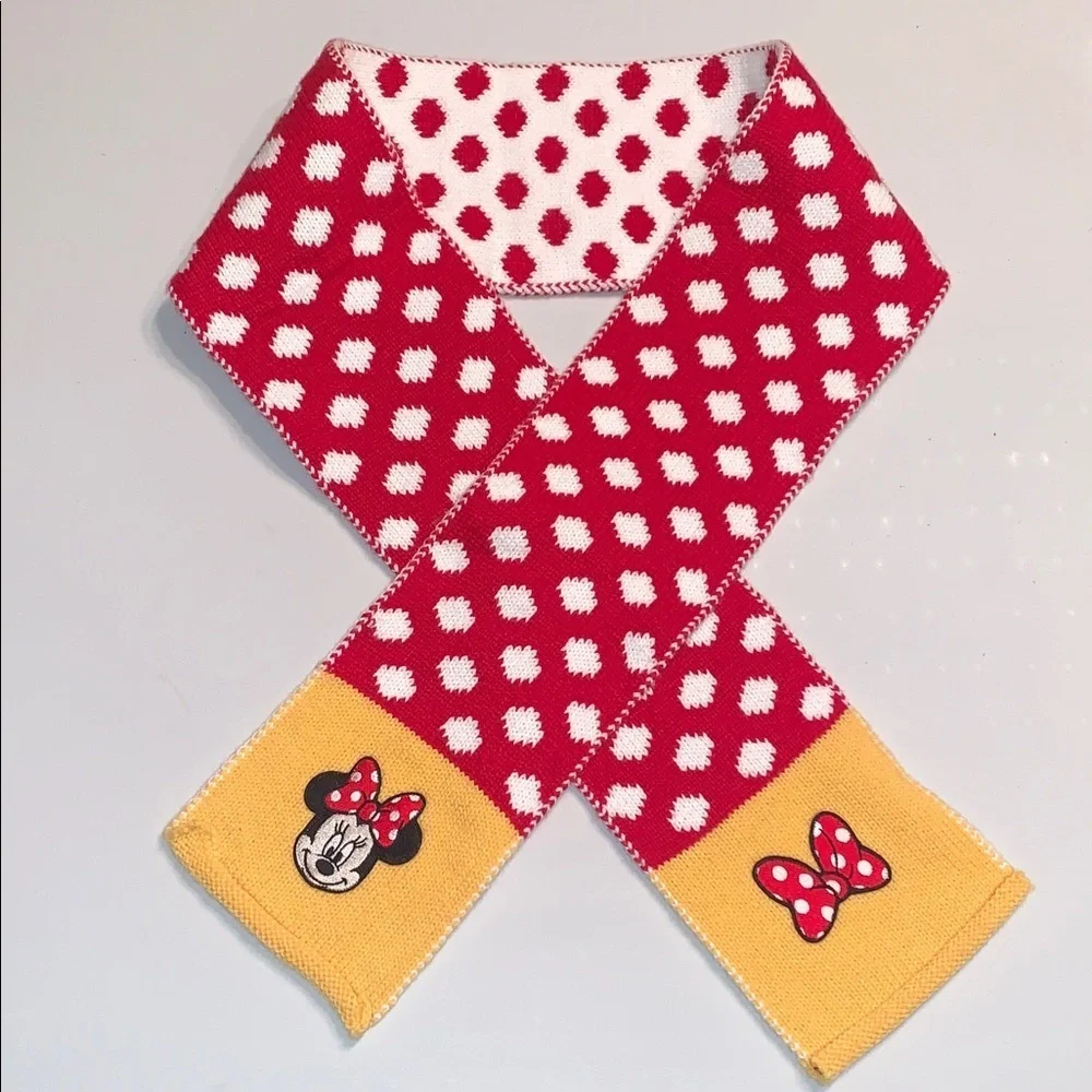 Disney Minnie Mouse Knit Patch Embellished Embroidered Polka Dot Winter Scarf